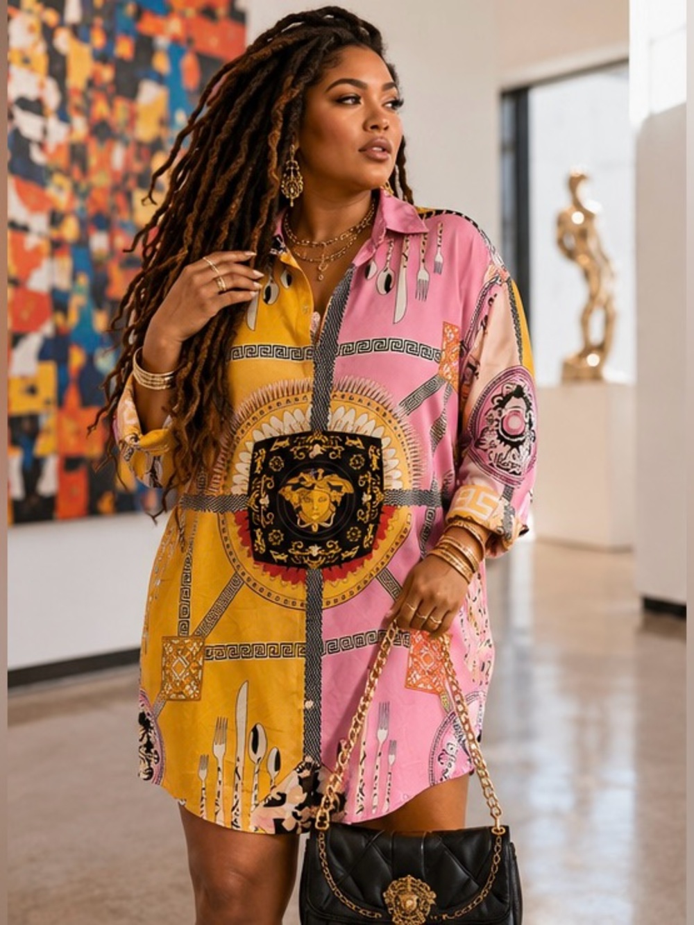 “YouSexy” Baroque Print Designer Inspired Tunic Pink Yellow Shirt Dress | XL-2X